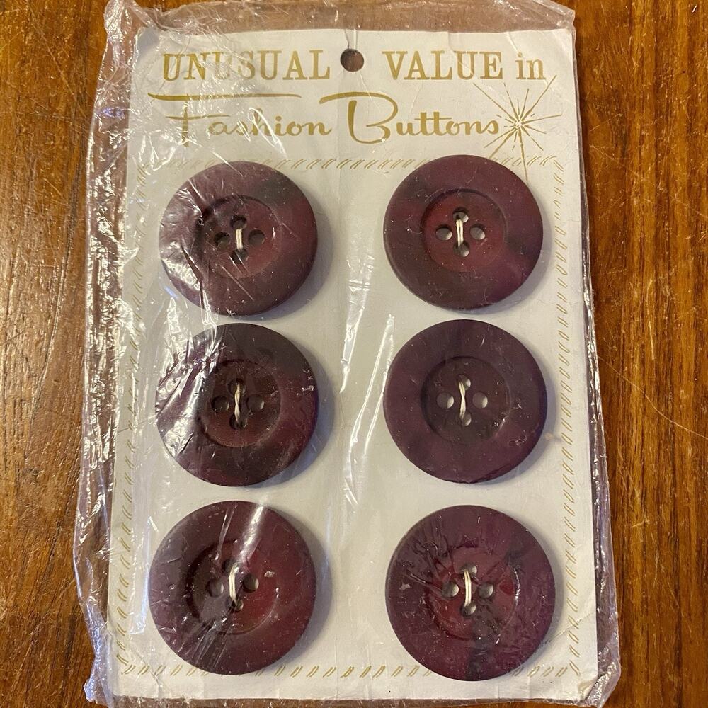 Vintage 1” buttons On Original Sealed Card 6 Red Brown Burgundy 4 Hole Sewing